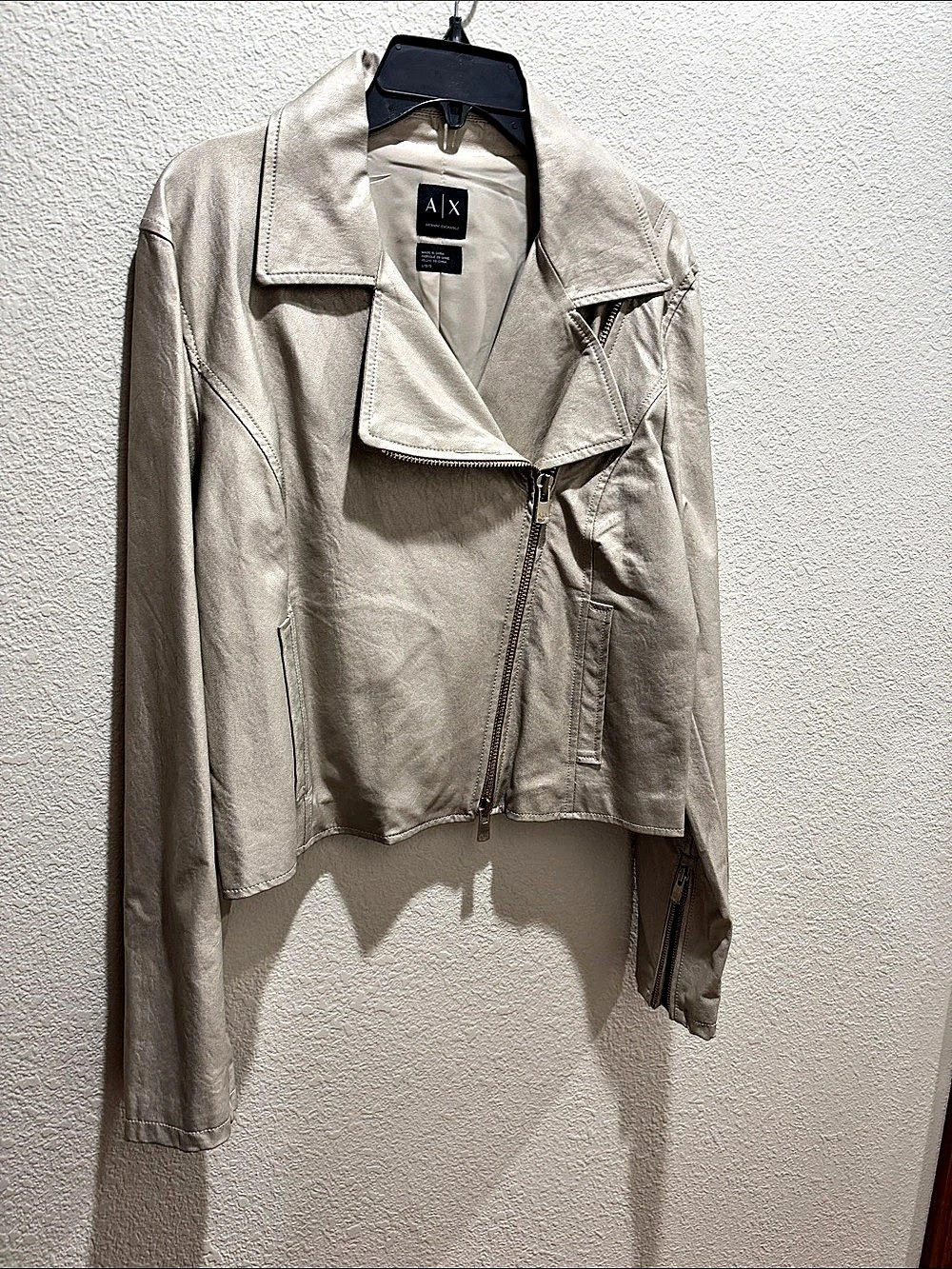 Faux Leather Asymmetrical Biker Moto Jacket, silver/beize tone, NEW.